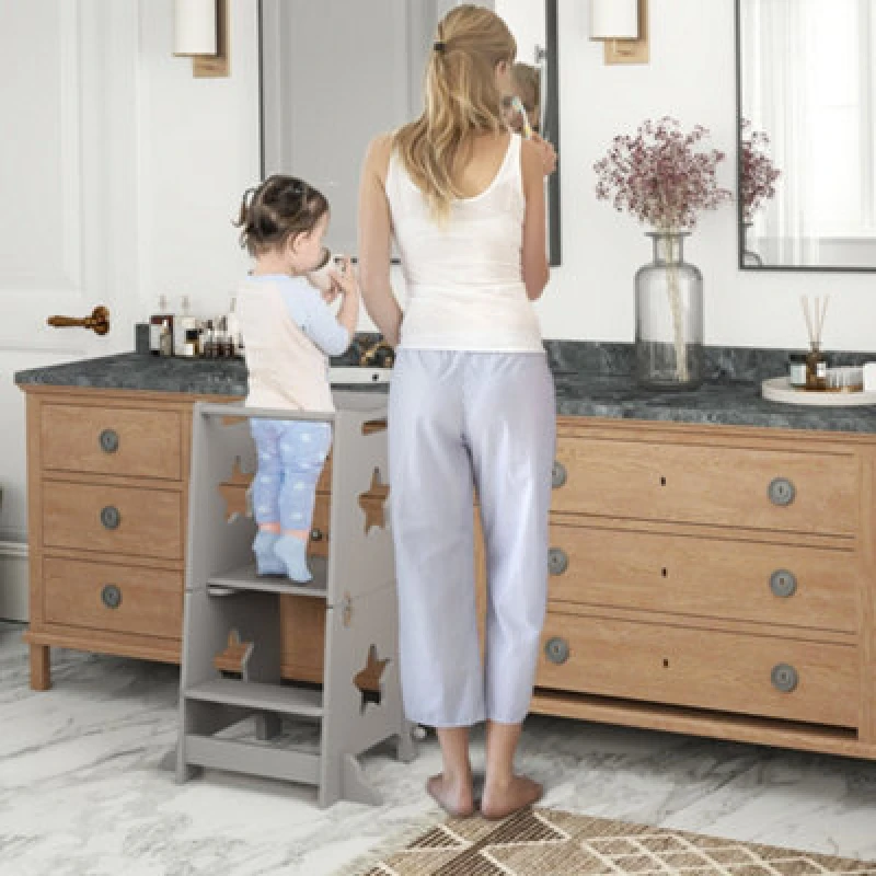 Image of Aiyaplay 2-in-1 Toddler Step Stool With Safety Rail For Kitchen, Grey 315-005V80GY