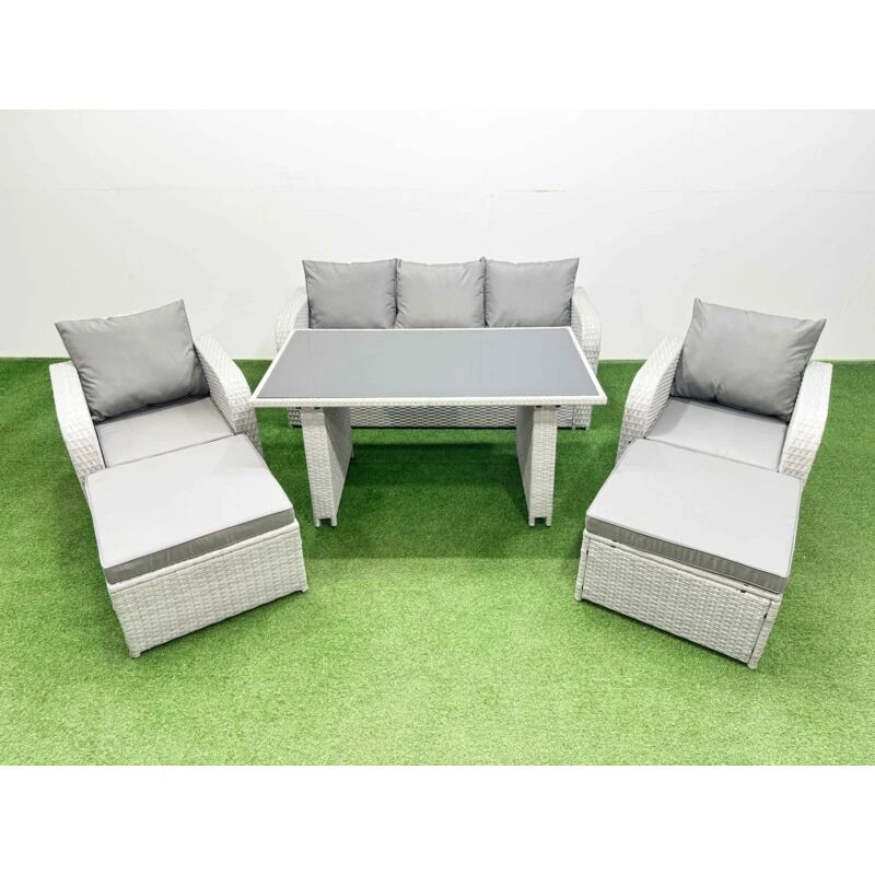Image of Fimous Outdoor Rattan Garden Furniture Dining Set 7-seater with 2 Big Stools in Light Grey Light Grey Unisex