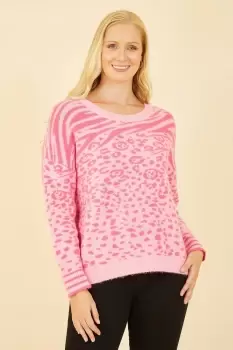 image of Pink Animal Print Intarsia Jumper