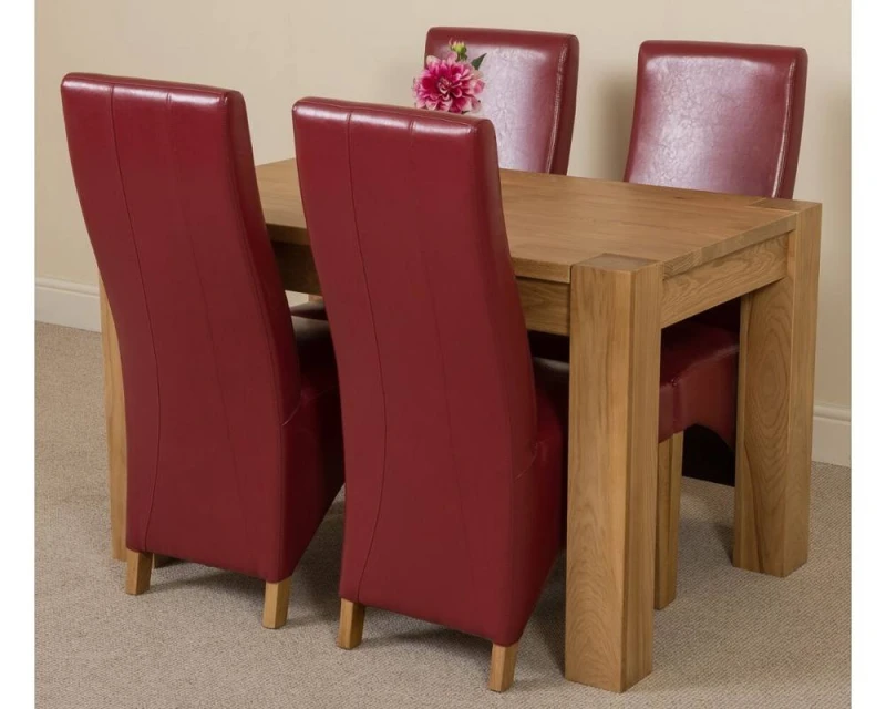 Image of Thats Furniture Kuba 125 x 80cm Chunky Oak Small Dining Table & 4 Lola Leather Chairs in Red Red Unisex 125 x 80 cm