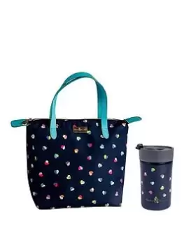 image of Beau & Elliot 'Mini Confetti' - Insulated Lunch Tote - Navy/Hearts (7 Litre) + Stainless Steel Travel Mug