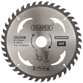 image of 26258 TCT Construction Circular Saw Blade 216 x 30mm 40T - Draper