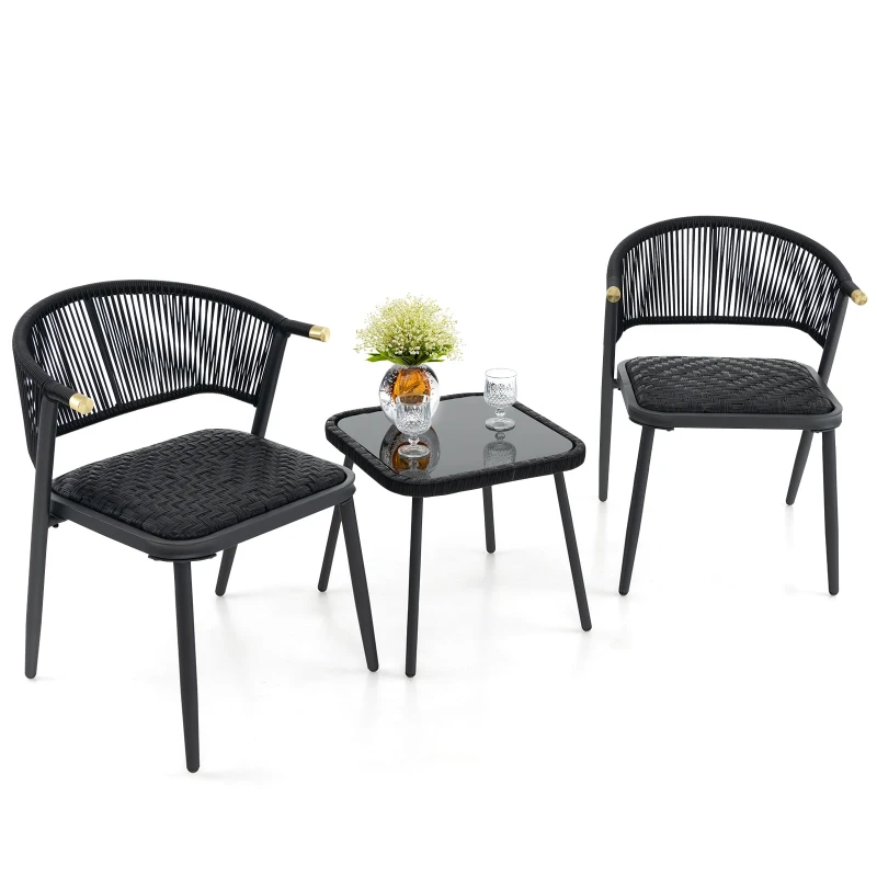 Image of 3 Piece Outdoor Wicker Furniture Set With Tempered Glass Coffee Table-Black - Costway TJ Hughes Black 0197867214104