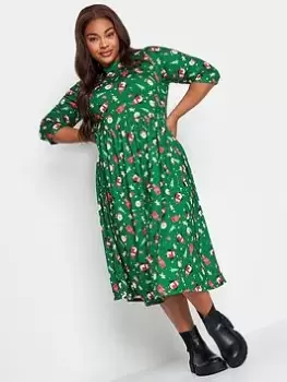 Image of Yours Yours Santa Aop Smock Dress Green, Size 16, Women