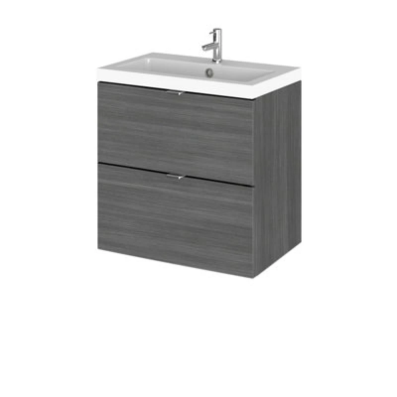 Image of Hudson Reed Fusion Wall Hung 2 Drawer Vanity Unit & Polymarble Basin, Sink Vanity Unit, Anthracite Woodgrain, 500mm