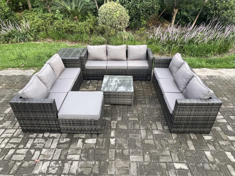 Image of Fimous Outdoor Rattan Garden Furniture Set 10 Seater Patio Lounge Sofa Set with Side Table Square Coffee Table Big Footstool Dark Grey