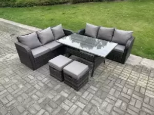 Image of Fimous 6 Seater Outdoor Dark Grey Rattan Garden Furniture with Rectangular Dining Table, and 2 Stools