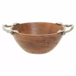 Image of Interiors By Ph Large Round Bowl, Acacia Wood, Aluminium Leaf Handles