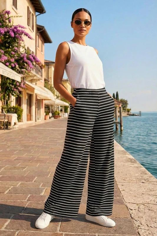Image of Dusk Womens Stripe Wide Leg Stretch Trousers in Black Size: 18 Black Female 18