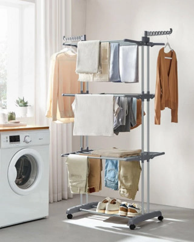 Image of Songmics Large Clothes Airer, Foldable Clothes Drying Rack Laundry 4-Tier, Moveable Clothes Horse, Stainess Steel, Grey