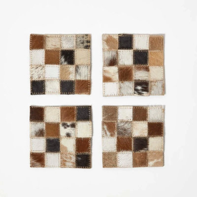 Image of Homescapes Block Check Brown Leather Coasters Set of 4 Brown