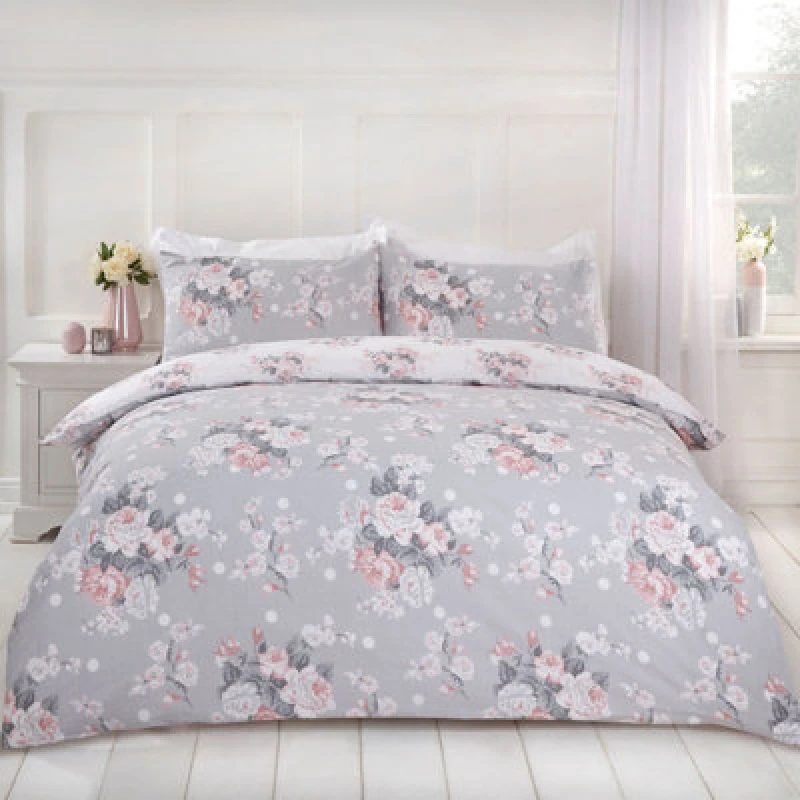 Image of OHS OHS English Rose Duvet Cover with Pillow Case Bedding Set in Light Grey Size: Double Light Grey Double Unisex 5027434126873