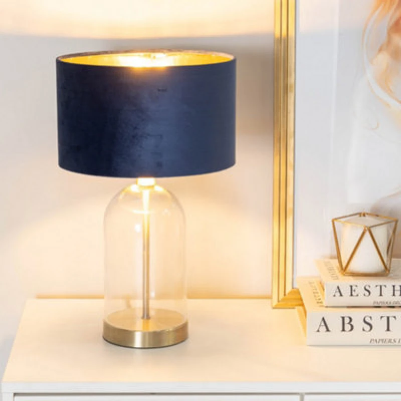 Image of ValueLights ValueLights Jessy Glass with Gold Trim Table Lamp with Velvet Drum with Gold Inner Shade in Dark Navy Dark Navy One Size Unisex 5059406061