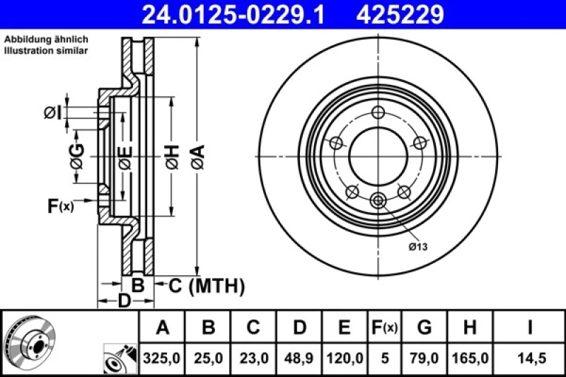 Image of ATE 24.0125-0229.1 Brake disc Vented, Coated, Alloyed/High-carbon Brake Disc (82)