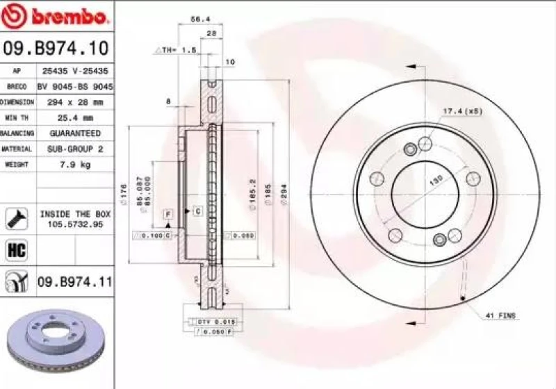 Image of BREMBO 09.B974.11 Brake disc internally vented, Coated, High-carbon, with bolts/screws Brake Disc (82)
