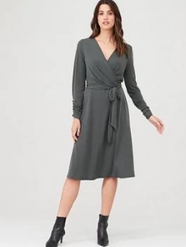 Image of Wallis Wrap Fit & Flare Dress - Khaki, Size 18, Women