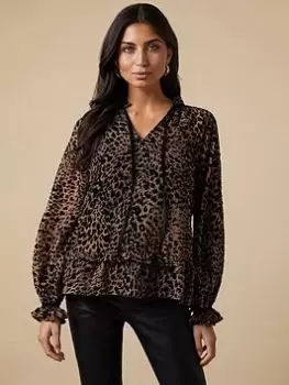 Image of Wallis Animal Print Velvet Tie Neck Blouse - Brown, Size 10, Women