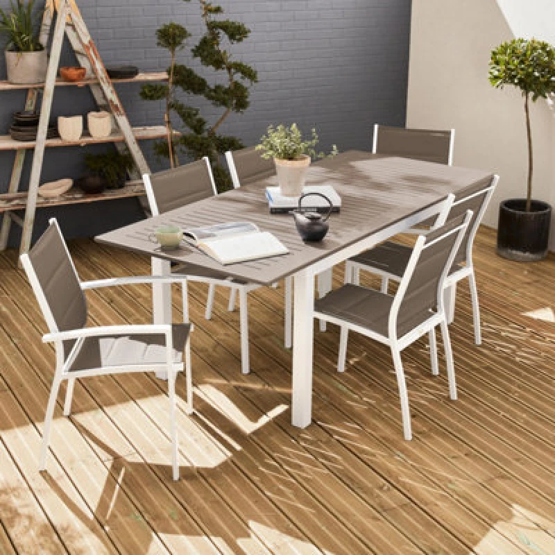 Image of Sweeek - 6-Seater Extendable Aluminium Garden Table With Chairs White 210X89X75cm - Chicago 6