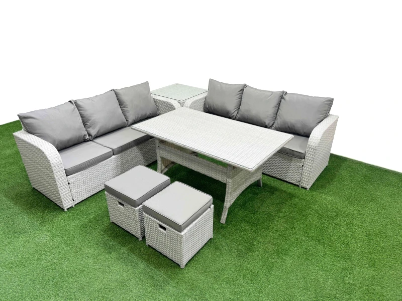 Image of Fimous Outdoor Garden Furniture Sets 8 Seater Wicker Rattan Furniture Sofa Sets with Rectangular Dining Table high Back Lounge Sofa Stools Side Table