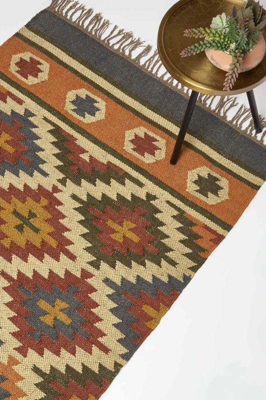 Image of Homescapes Lucea Orange & Blue Kilim Wool Rug Size: 90cm x 150cm Orange Unisex 90cm x 150 cm