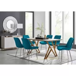 Image of Furniture Box Taranto Oak Effect Dining Table and 6 Blue Pesaro Silver Leg Chairs