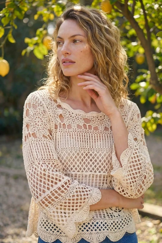 Image of Roman Womens Crochet Knit Flared Sleeve Top in Natural Size: 20 Natural Female 20
