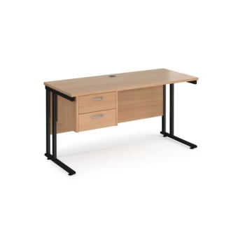 Image of Office Desk Rectangular Desk 1400mm With Pedestal Beech Top With Black Frame 600mm Depth Maestro 25 MC614P2KB