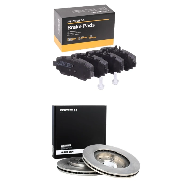 Image of RIDEX 3405B2945 Brake disc and pads set Front Axle, Brake Disc Type: Vented, prepared for wear warning indicator Brake Set,disc brakes (3405)