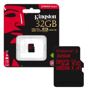Image of Kingston Canvas React MicroSDHC Memory Card 100MB/s UHS-1 U3 A1 V30 Class 10 - 32GB