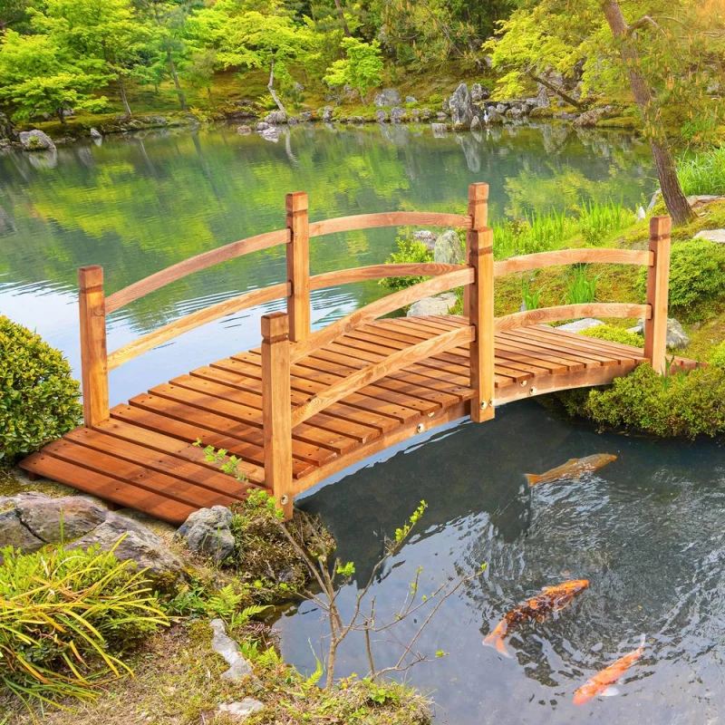Image of OUTSUNNY Wooden Garden Bridge with Safety Railings, Classic Arc Footbridge in Orange Orange Unisex