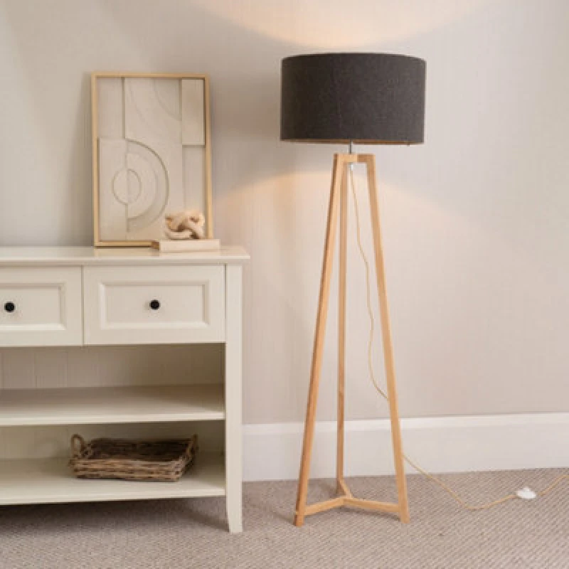 Image of ValueLights Lottie Natural Wood Tripod Floor Lamp with Boucle Drum Shade Charcoal