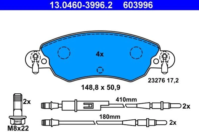 Image of ATE 13.0460-3996.2 Brake pad set incl. wear warning contact, with brake caliper screws Brake Pad Set,disc brake (402)