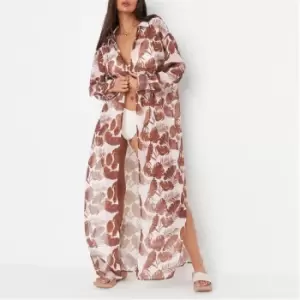 image of Missguided Palm Print Sheer Mesh Maxi Beach Cover Up Shirt - Brown