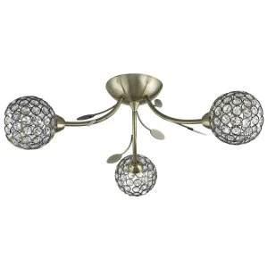 Image of 3 Light Semi Flush Multi Arm Ceiling Light Antique Brass and Glass, G9