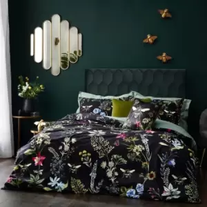 Midnight Bee Floral Digital Print Velvet Duvet Cover Set, Black, Super King - Wylder