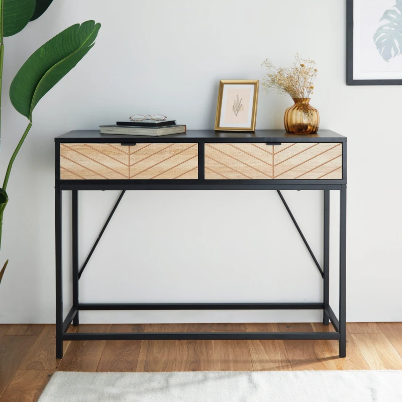 Image of Vonhaus Chevron Console Table, Black & Light Wood Effect Hallway Table, 2 Drawer Entryway Hall Table With Metal Frame, Dalton