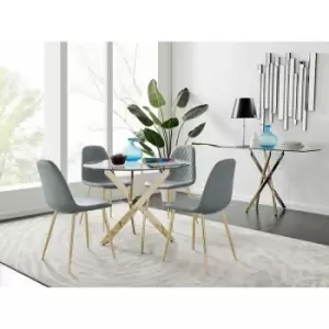 Image of Furniturebox UK - Furniturebox Novara Gold Metal And Glass 100cm Round Dining Table And 4 Elephant Grey Corona Faux Leather Dining Chairs with Gold