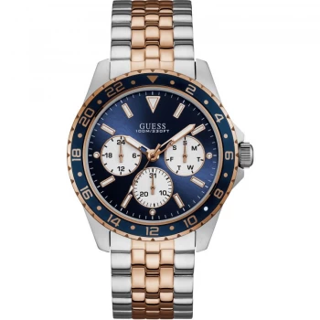 image of GUESS Gents silver and rose gold watch with blue trim & dial