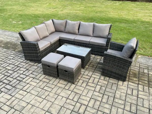 Image of Fimous 7 Seater Outdoor Dark Grey High Back Rattan Lounge Complete Sofa Set with Oblong Coffee Table and 2 Stools