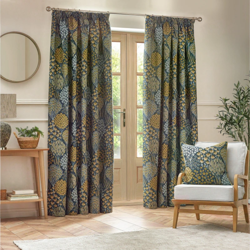 Image of Ophelia Floral Jacquard Pencil Pleat Curtains Blue/Saffron, Blue/Saffron / 117 x 137cm