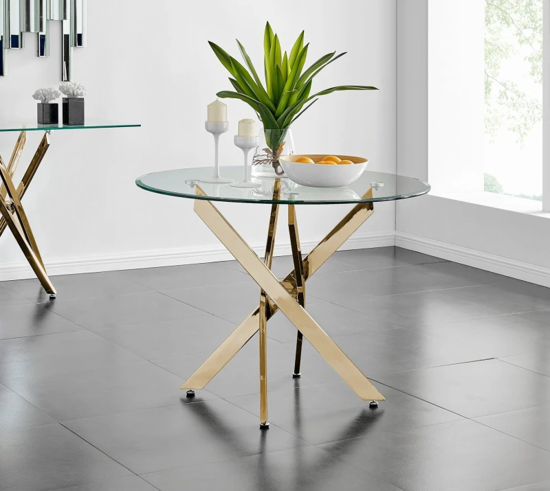 Image of FurnitureboxUK FurnitureboxUK Novara 100cm Round 4-Seater Glass & Metal Starburst Dining Table in Gold Gold One Size Unisex 5056542634161