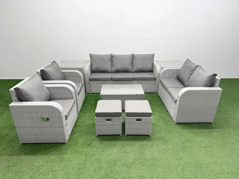 Image of Fimous PE Rattan Garden Furniture Set Adjustable Chair Sofa Double Love Seat 2 Seater Sofa Lounge Set Oblong Coffee Table 2 Stools 2 Side Table Light