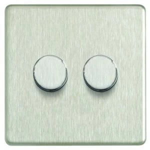 Image of Wickes Dimmer Switch 2 Gang 2 Way 400W Brushed Steel Screwless Flat Plate