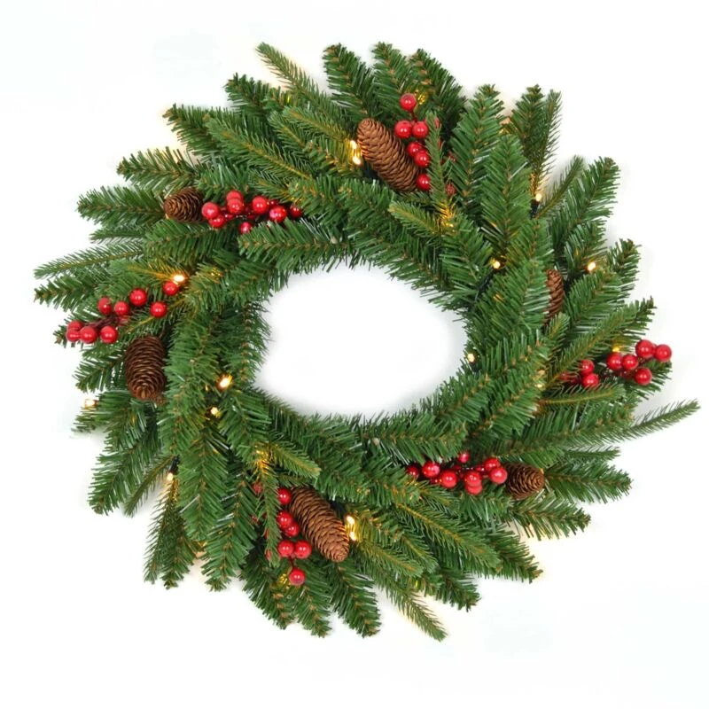Image of Shatchi 55cm Various Tips Christmas Wreath Decorated With Pine Berries Green
