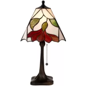 image of Tiffany Glass Table Lamp Light Dark Bronze & White / Red Floral Shade i00176