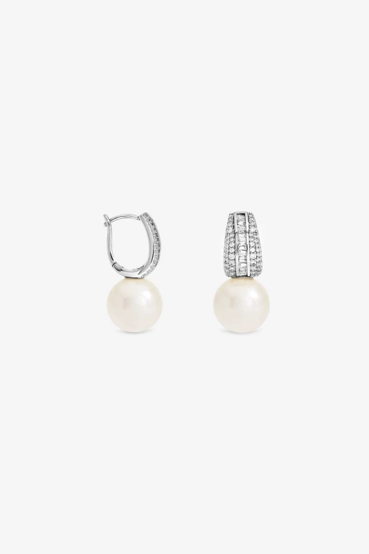 Image of Jon Richard Womens Rhodium Plated Pearl & Pave Drop Hoop Earrings in Silver Silver Female One Size