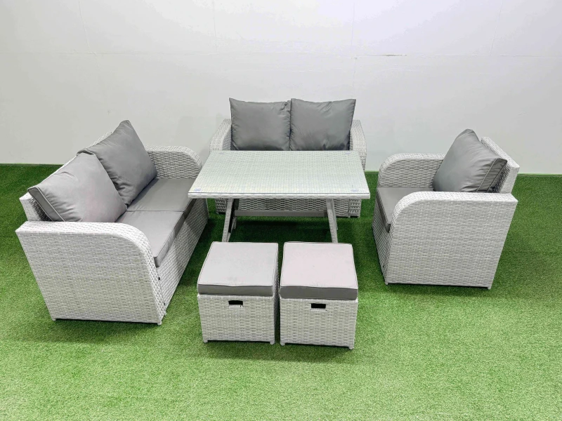 Image of Fimous 7 Seater Rattan Garden Furniture Set Love Sofa Reclining Chair Set in Light Grey Light Grey Unisex