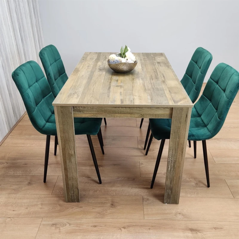 Image of KOSY KOALA Kosy Koala - Dining Set of 4 Dining Table and 4 Green Velvet Chairs Dining Room Furniture Rustic table 117 + 4 green rocco