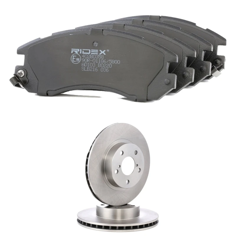 Image of RIDEX 3405B2502 Brake disc and pads set Front Axle, Brake Disc Type: internally vented, with acoustic wear warning Brake Set,disc brakes (3405)