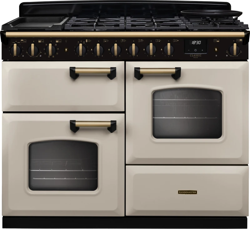 Image of Rangemaster Classic Deluxe 110 CLDLO110DFPPCR/AB1 110cm wide Dual Fuel Range Cooker with Gas Hob - Cream / Antique Brass - A Rated